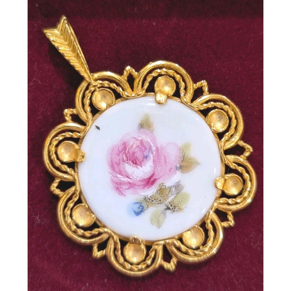 Royal Franconia Bavaria Porcelain Rose Pendant Gold Tone Worlds Porcelain Houses